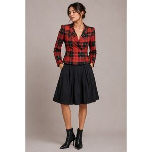 Sasson Plaid Skirt Suit Set Dark‎ Academia 90s Preppy Red Black Rayon Size 14 16